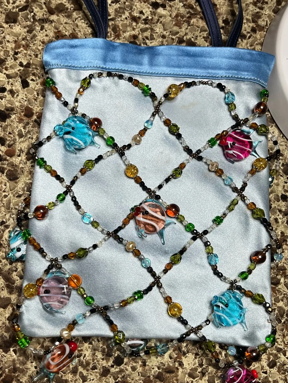 Renaud Pellegrino one of a kind Blue Satin Beaded Fish Charm Pouch